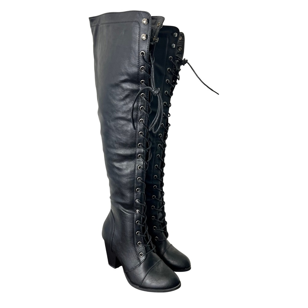 Forever Camila-48 Black Faux Leather Lace Up Over The Knee Block Heel Boots 7
